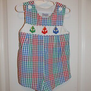 SAMARA Vintage 24M Boys Red Green Blue Check Seersucker Romper Anchors Sailor